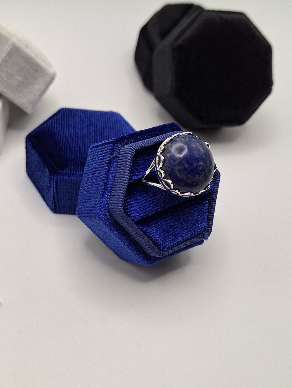 Made w/ Swarovski Blue Cabochon Statement Ring Silver Tone Size 7.25